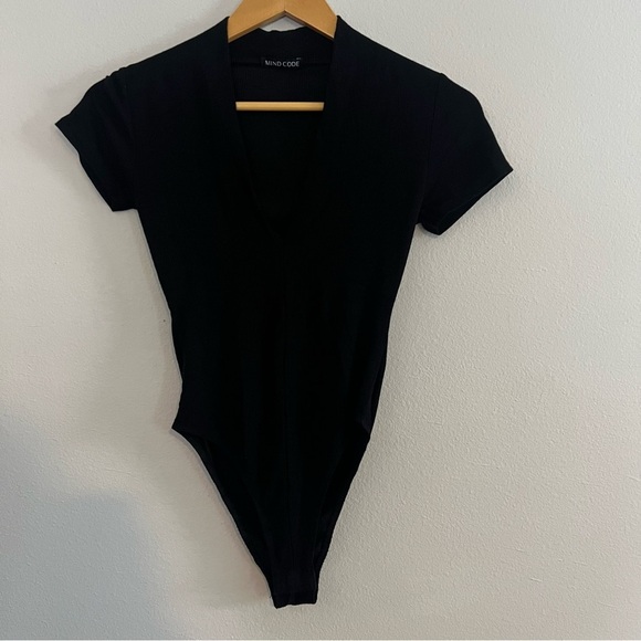 Mind Code Black Ribbed V Neck Bodysuit - Picture 1 of 7